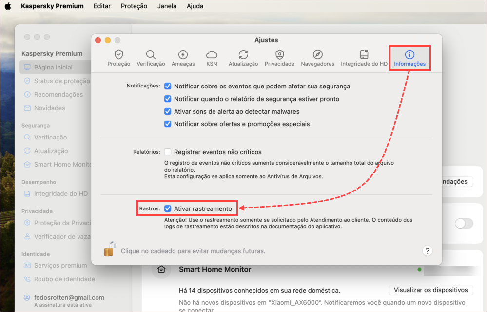 Ativar rastreamento no Kaspersky for Mac.